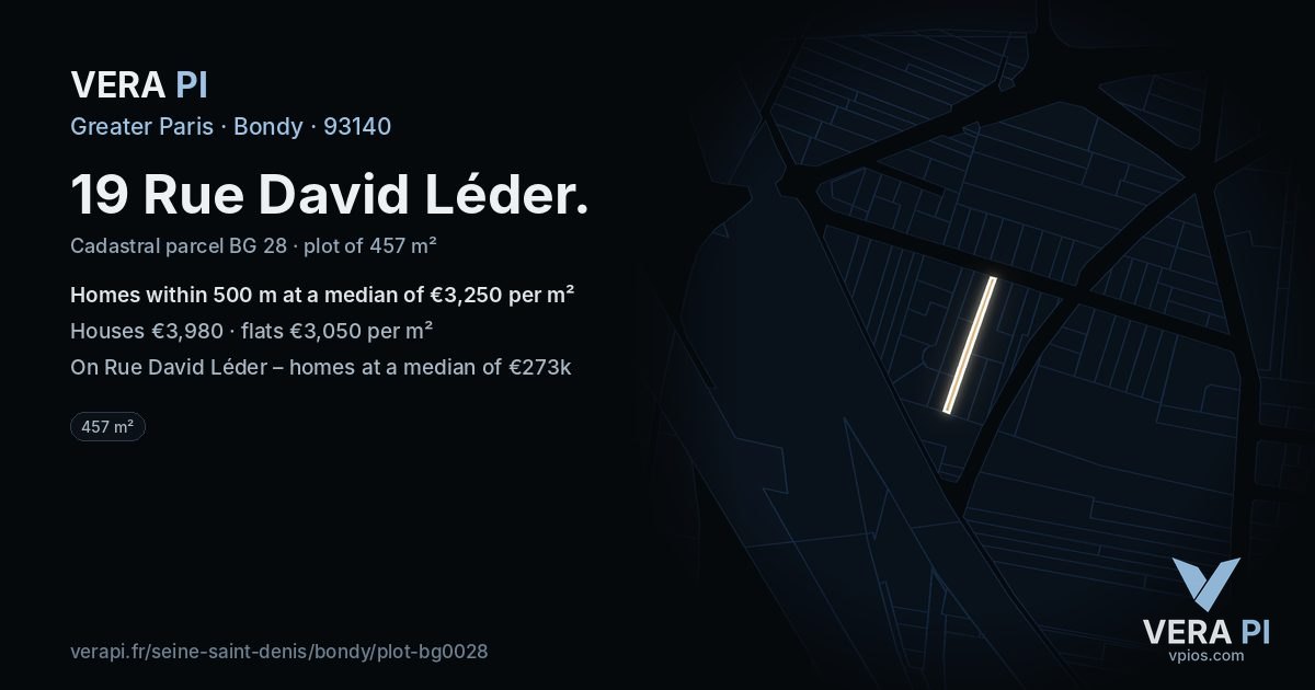 19 Rue David Léder, Bondy at night – the plot lit, the parcels around coloured by the prices near them