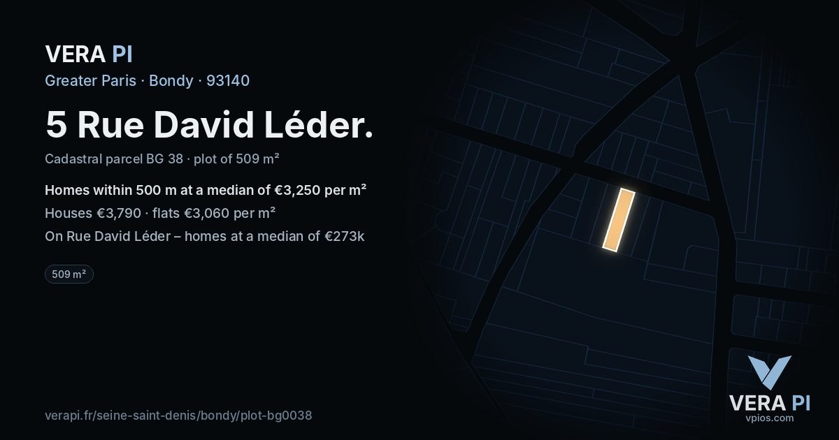5 Rue David Léder, Bondy at night – the plot lit, the parcels around coloured by the prices near them