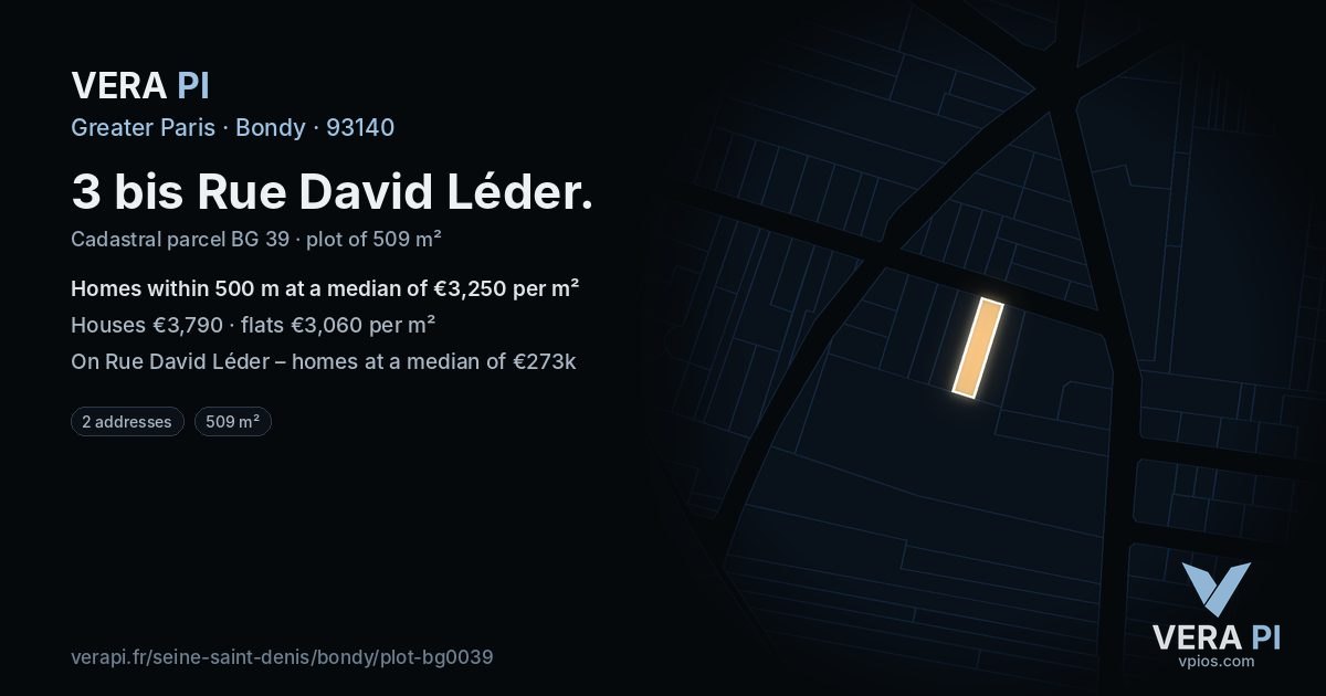 3 bis Rue David Léder, Bondy at night – the plot lit, the parcels around coloured by the prices near them
