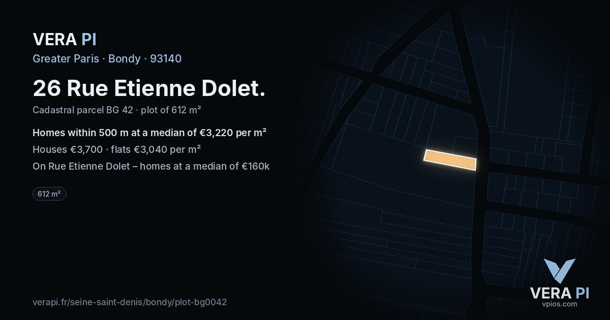 26 Rue Etienne Dolet, Bondy at night – the plot lit, the parcels around coloured by the prices near them