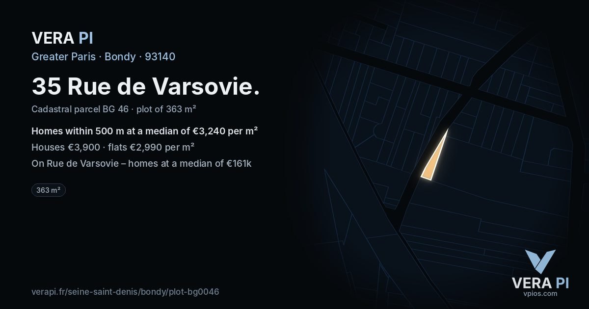 35 Rue de Varsovie, Bondy at night – the plot lit, the parcels around coloured by the prices near them