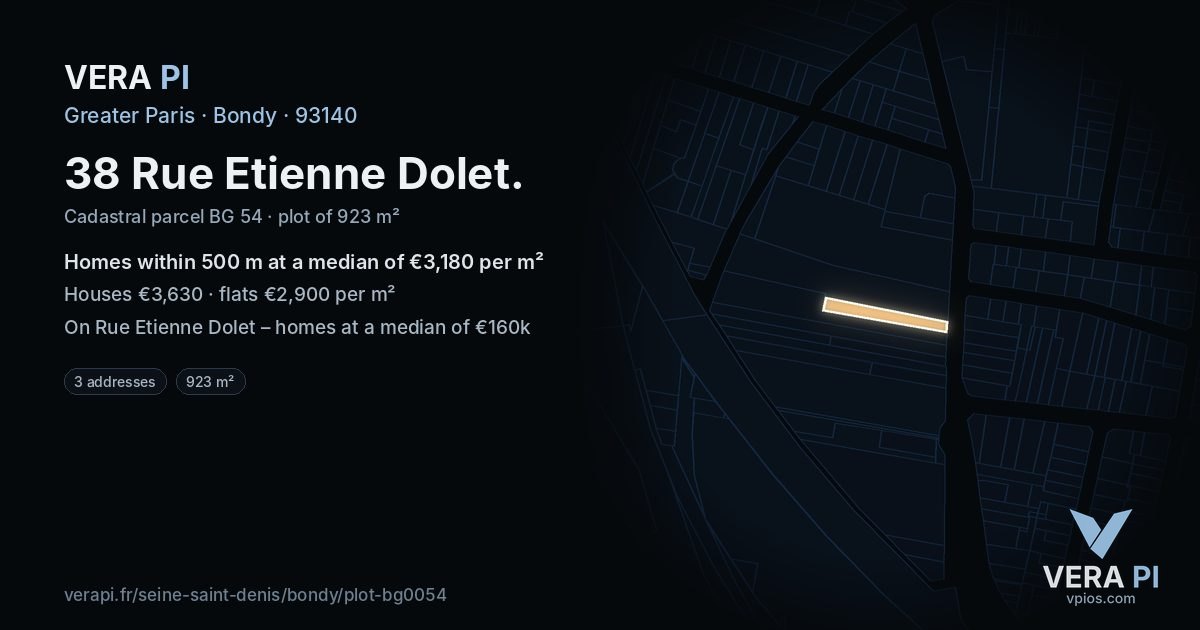 38 Rue Etienne Dolet, Bondy at night – the plot lit, the parcels around coloured by the prices near them