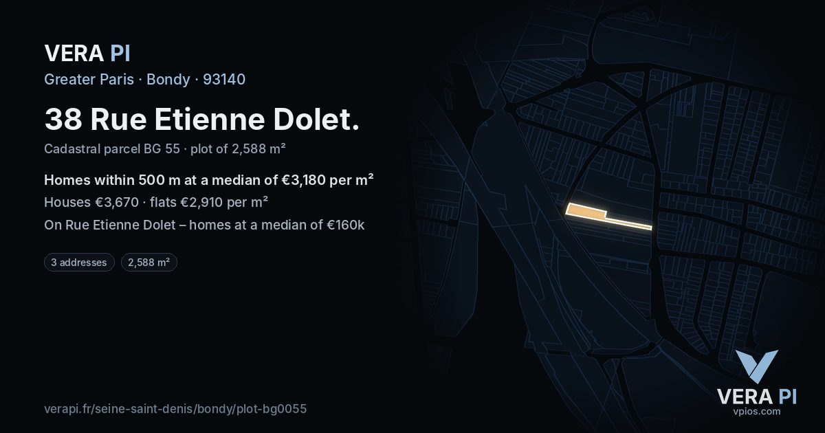 38 Rue Etienne Dolet, Bondy at night – the plot lit, the parcels around coloured by the prices near them