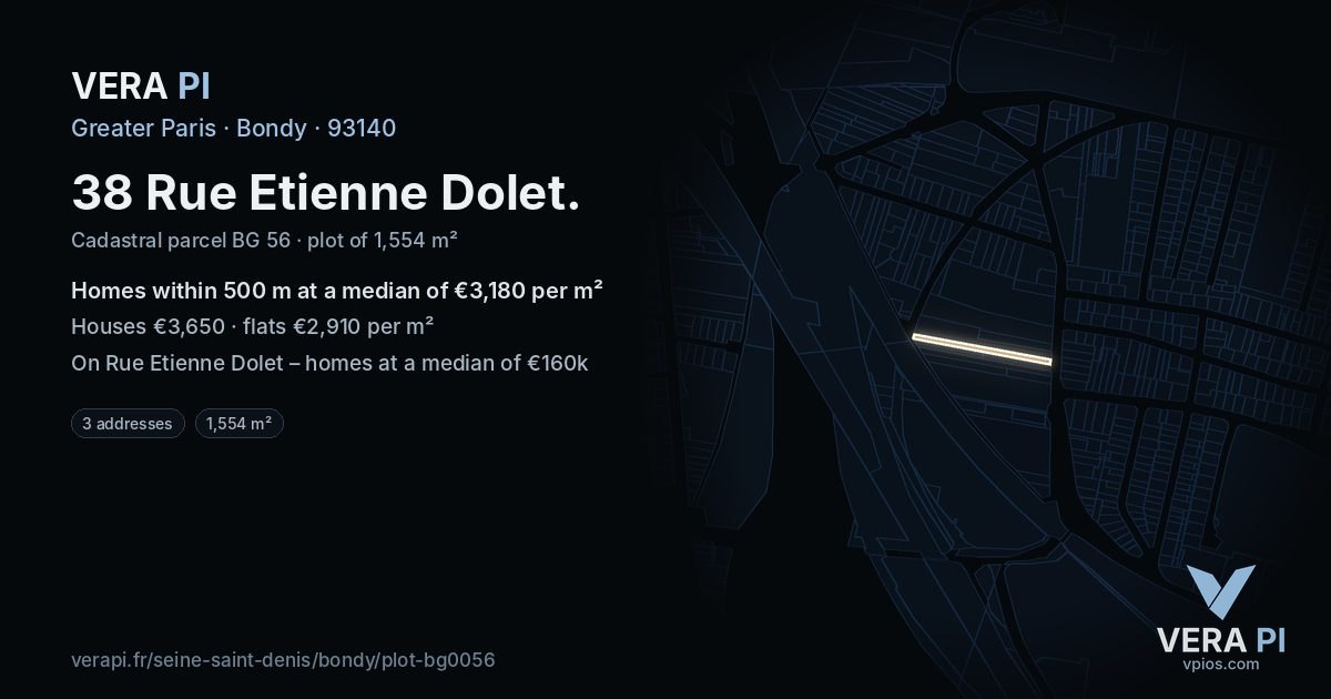38 Rue Etienne Dolet, Bondy at night – the plot lit, the parcels around coloured by the prices near them