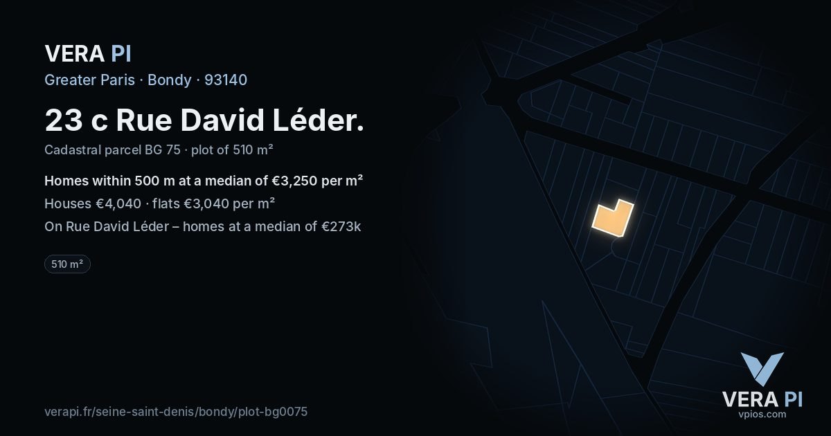 23 c Rue David Léder, Bondy at night – the plot lit, the parcels around coloured by the prices near them