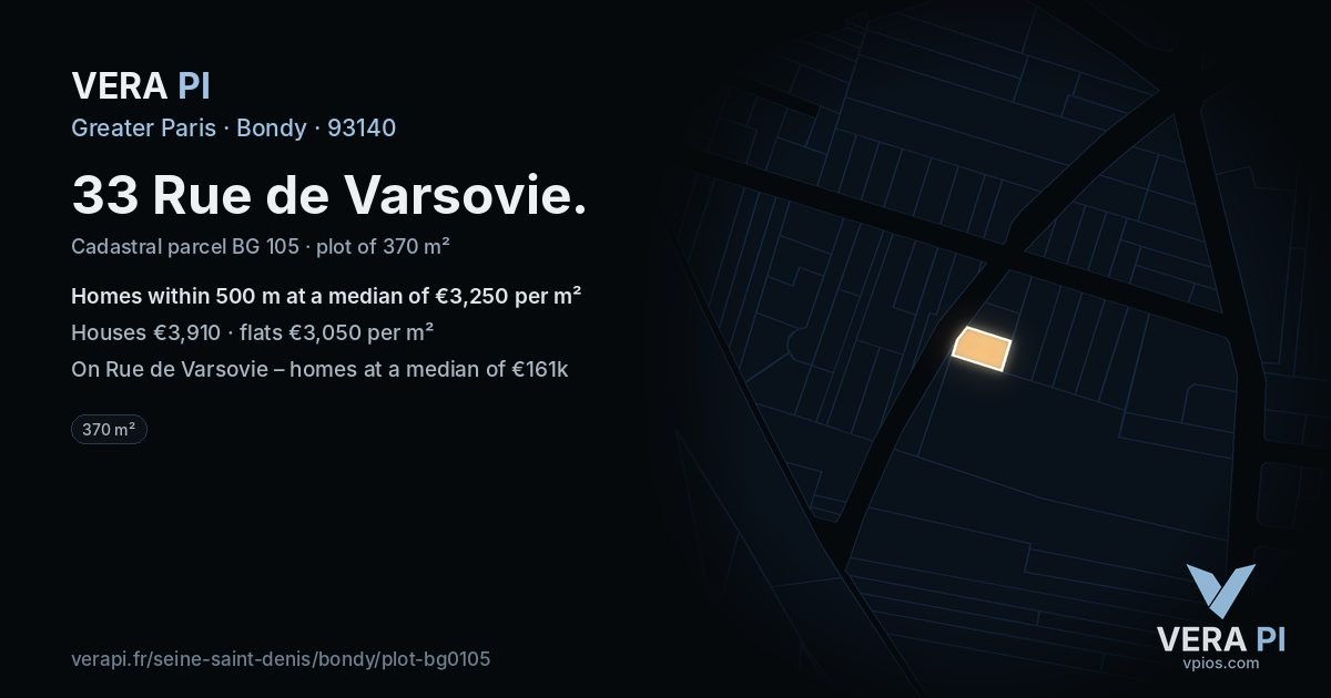 33 Rue de Varsovie, Bondy at night – the plot lit, the parcels around coloured by the prices near them