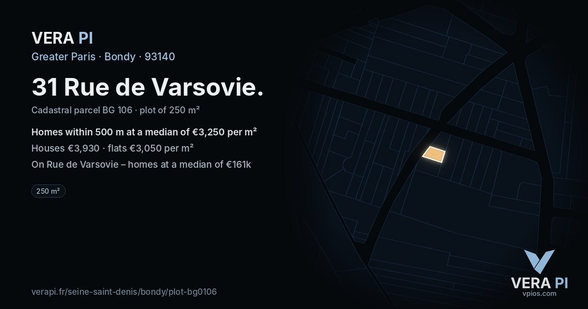 31 Rue de Varsovie, Bondy at night – the plot lit, the parcels around coloured by the prices near them