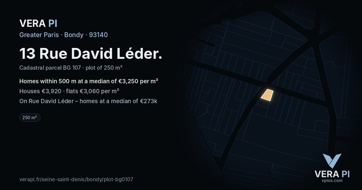13 Rue David Léder, Bondy at night – the plot lit, the parcels around coloured by the prices near them