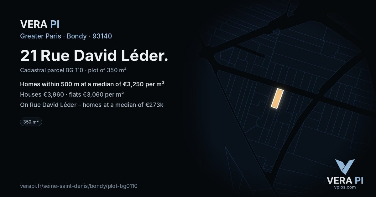 21 Rue David Léder, Bondy at night – the plot lit, the parcels around coloured by the prices near them