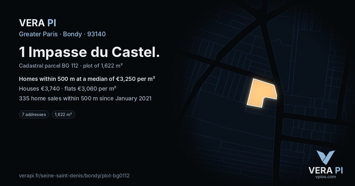 1 Impasse du Castel, Bondy at night – the plot lit, the parcels around coloured by the prices near them
