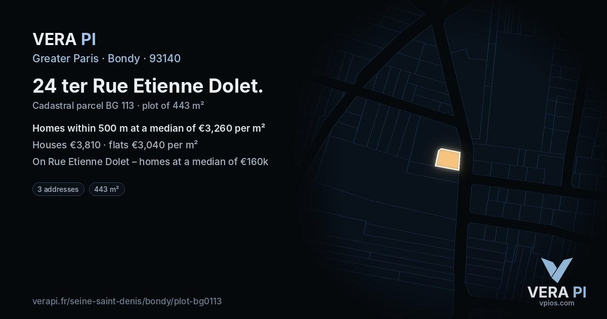 24 ter Rue Etienne Dolet, Bondy at night – the plot lit, the parcels around coloured by the prices near them