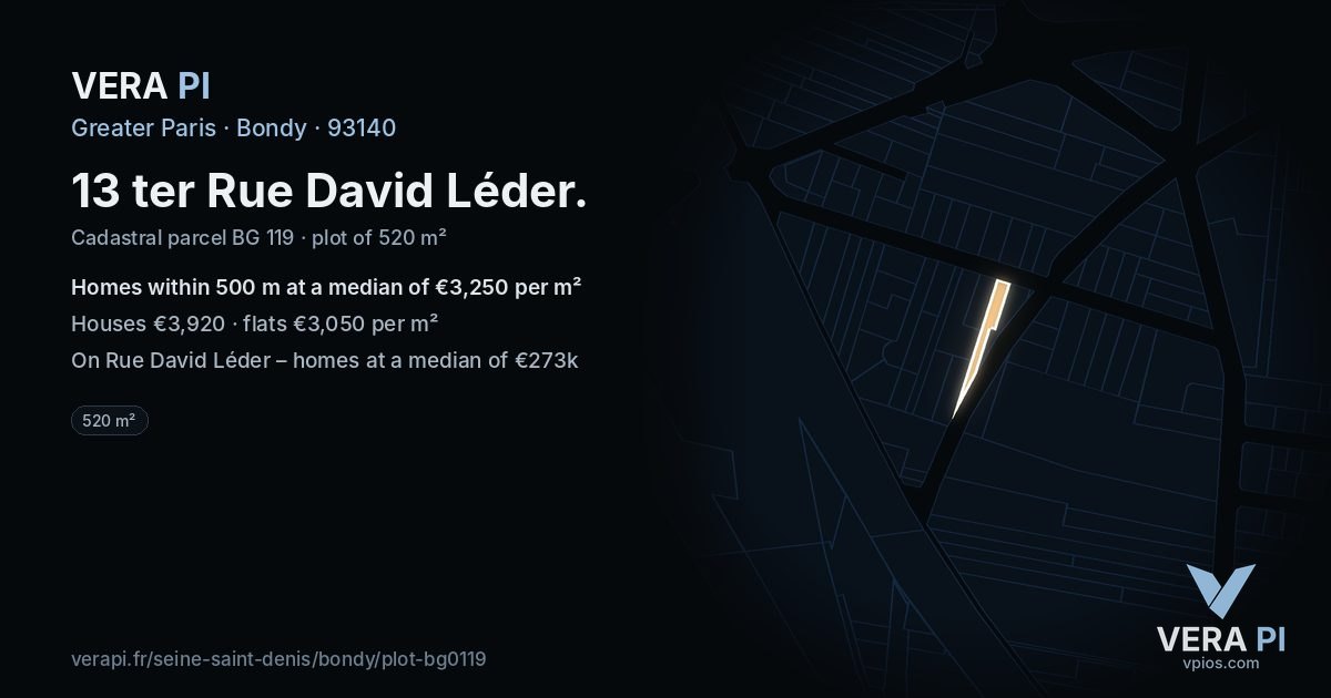 13 ter Rue David Léder, Bondy at night – the plot lit, the parcels around coloured by the prices near them