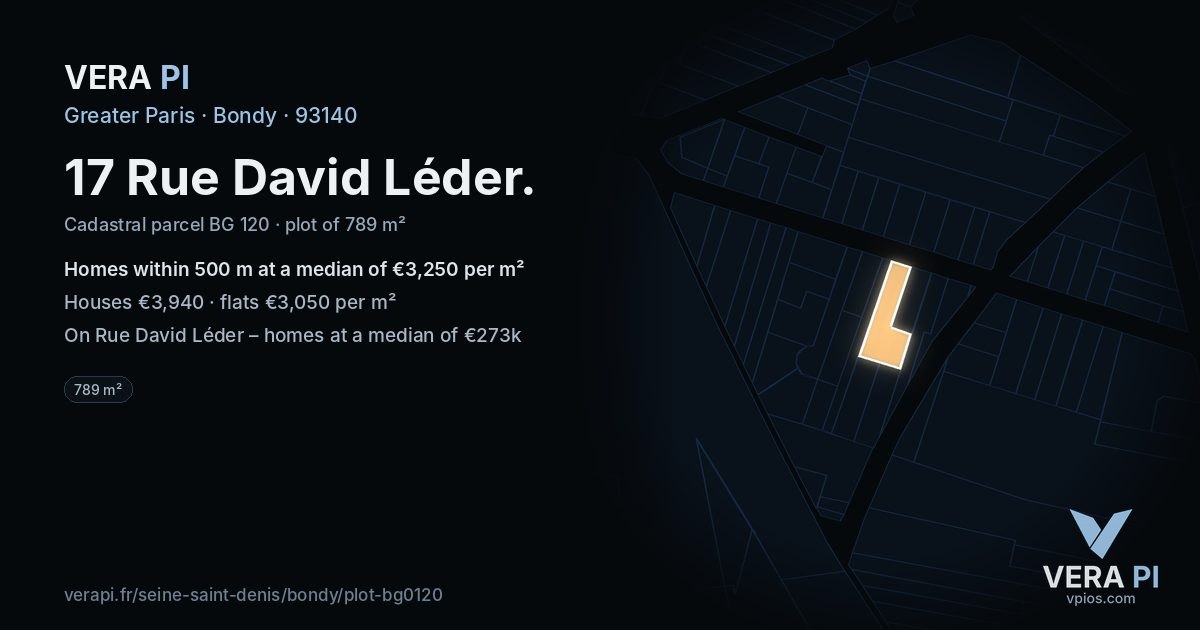 17 Rue David Léder, Bondy at night – the plot lit, the parcels around coloured by the prices near them