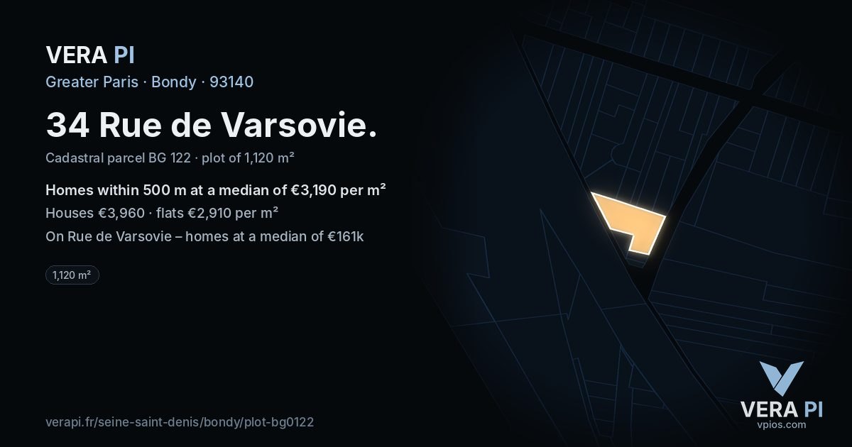 34 Rue de Varsovie, Bondy at night – the plot lit, the parcels around coloured by the prices near them