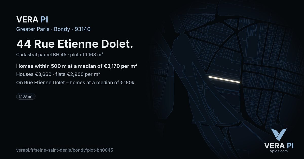 44 Rue Etienne Dolet, Bondy at night – the plot lit, the parcels around coloured by the prices near them