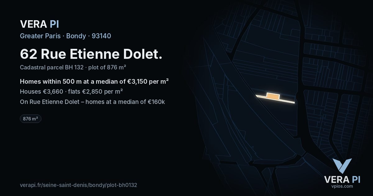 62 Rue Etienne Dolet, Bondy at night – the plot lit, the parcels around coloured by the prices near them