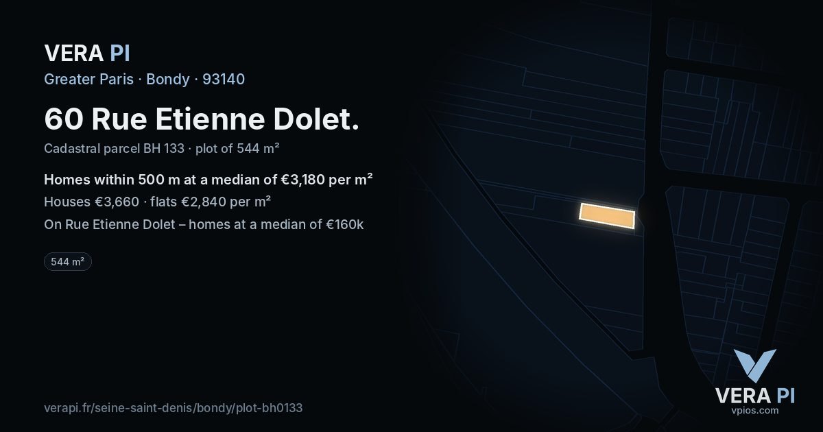 60 Rue Etienne Dolet, Bondy at night – the plot lit, the parcels around coloured by the prices near them