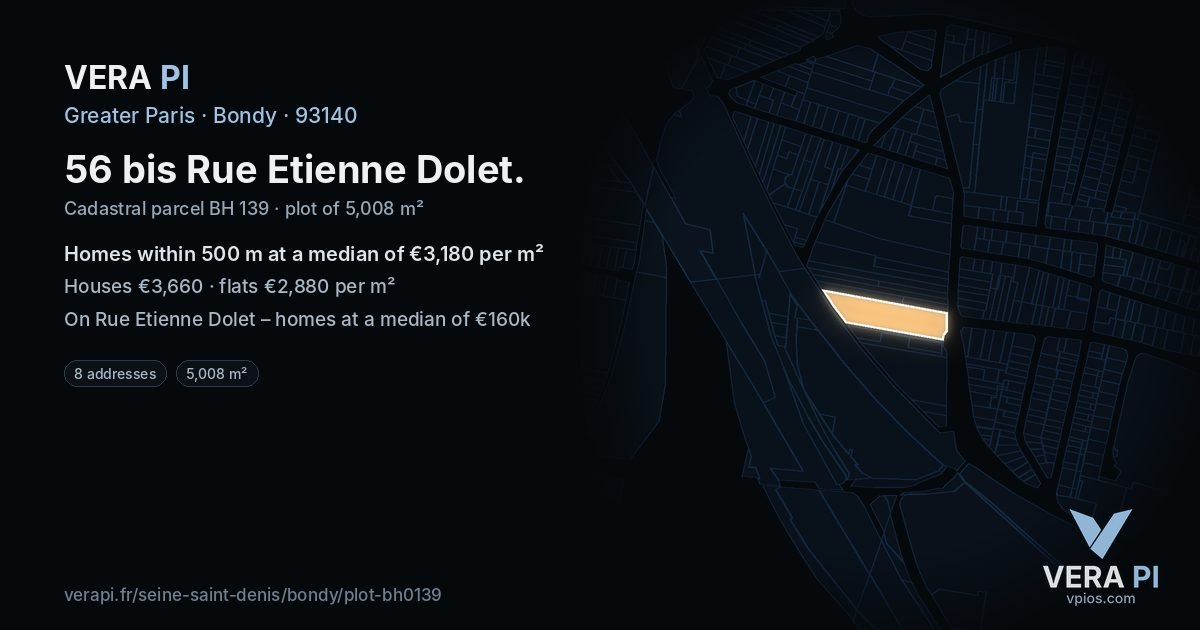 56 bis Rue Etienne Dolet, Bondy at night – the plot lit, the parcels around coloured by the prices near them