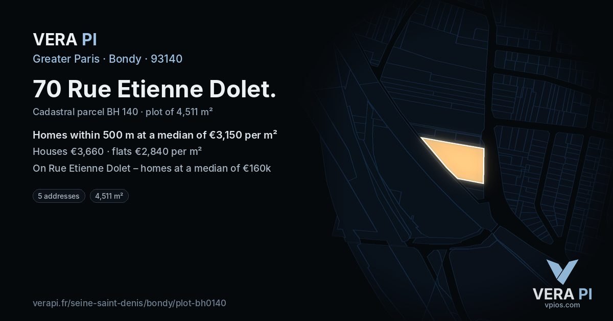 70 Rue Etienne Dolet, Bondy at night – the plot lit, the parcels around coloured by the prices near them