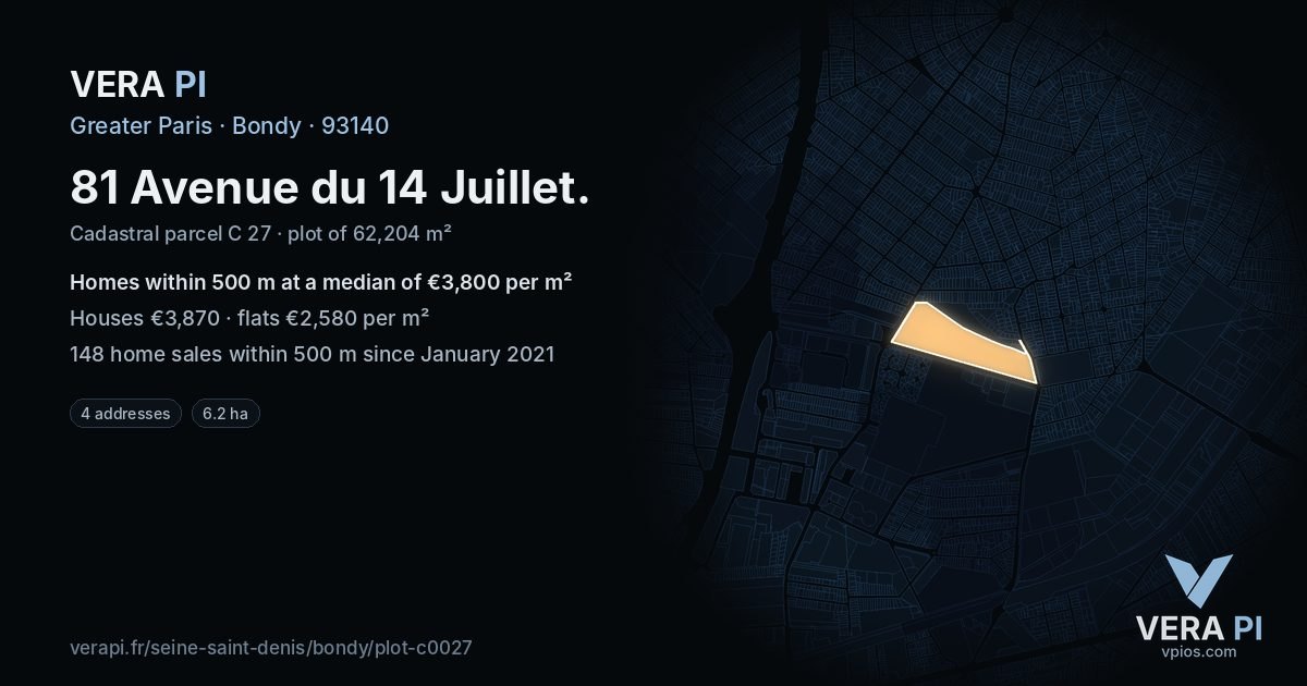 81 Avenue du 14 Juillet, Bondy at night – the plot lit, the parcels around coloured by the prices near them