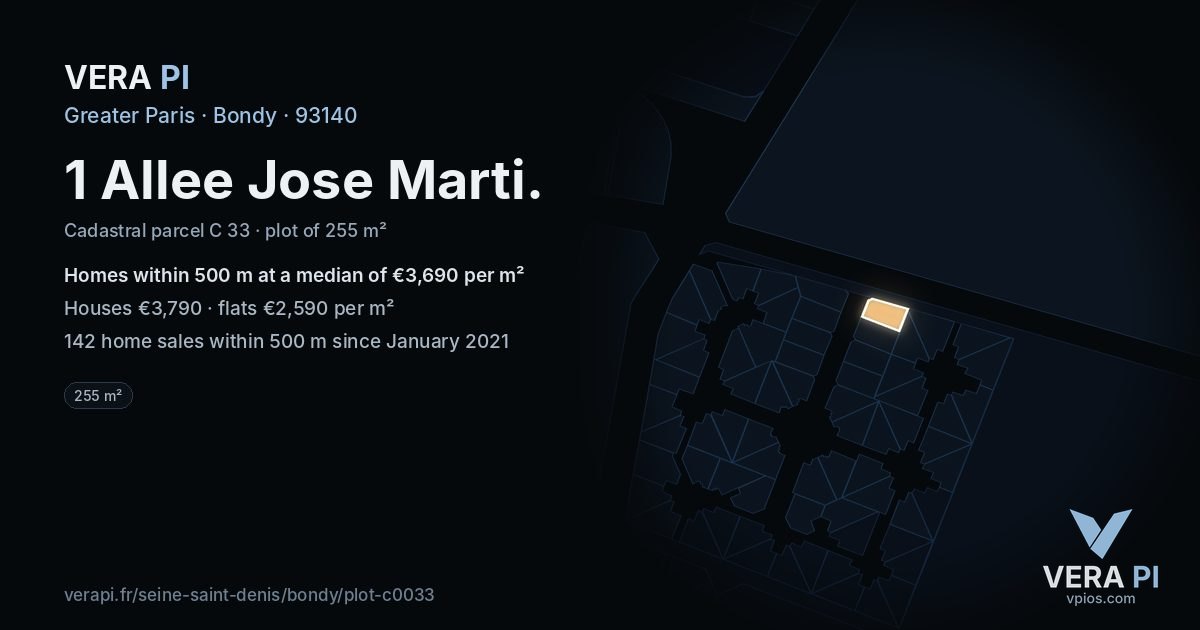 1 Allee Jose Marti, Bondy at night – the plot lit, the parcels around coloured by the prices near them