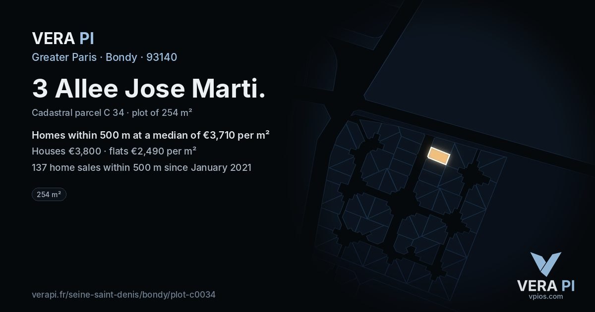 3 Allee Jose Marti, Bondy at night – the plot lit, the parcels around coloured by the prices near them