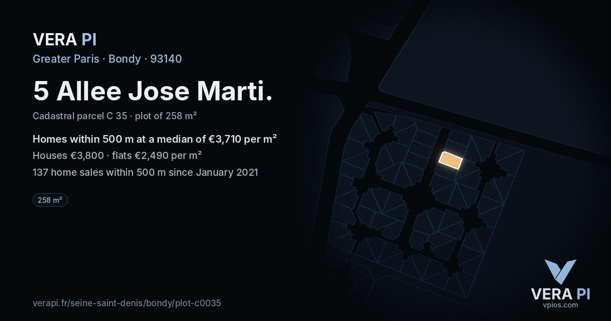 5 Allee Jose Marti, Bondy at night – the plot lit, the parcels around coloured by the prices near them