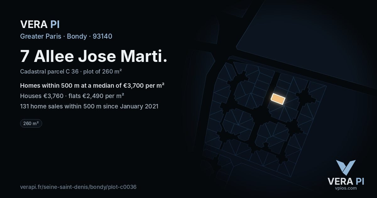 7 Allee Jose Marti, Bondy at night – the plot lit, the parcels around coloured by the prices near them