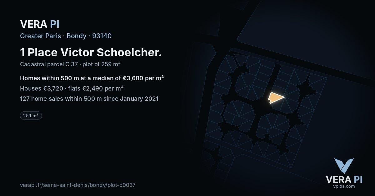 1 Place Victor Schoelcher, Bondy at night – the plot lit, the parcels around coloured by the prices near them
