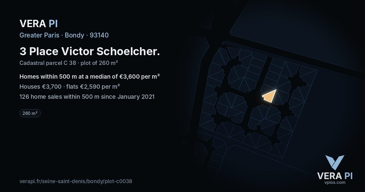 3 Place Victor Schoelcher, Bondy at night – the plot lit, the parcels around coloured by the prices near them