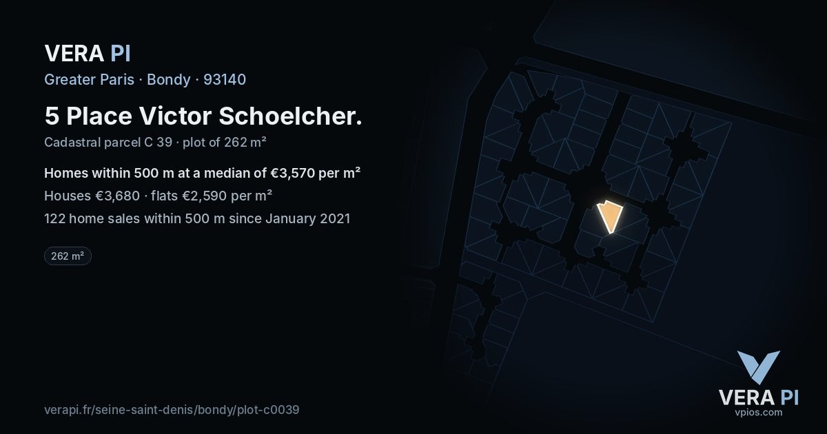 5 Place Victor Schoelcher, Bondy at night – the plot lit, the parcels around coloured by the prices near them