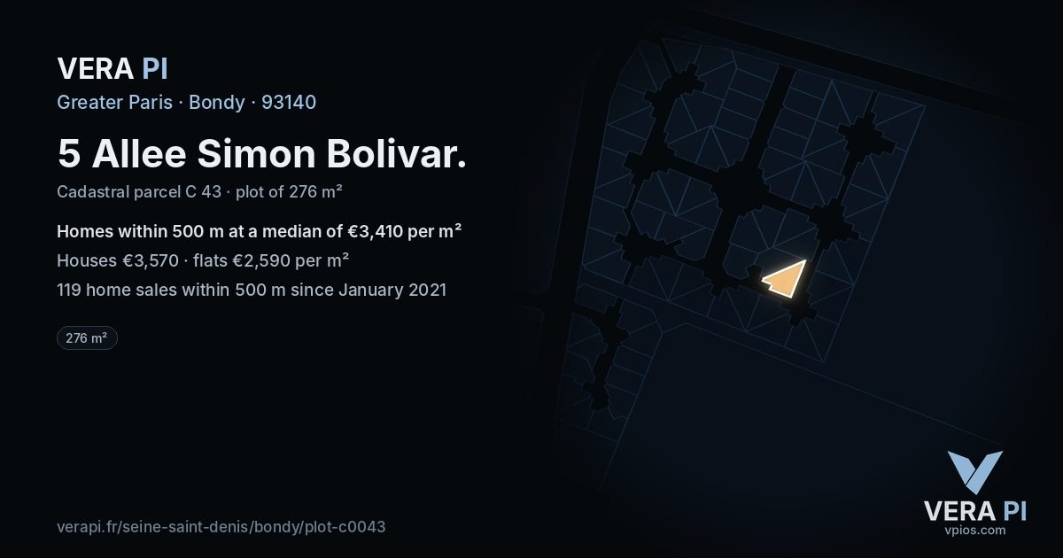 5 Allee Simon Bolivar, Bondy at night – the plot lit, the parcels around coloured by the prices near them
