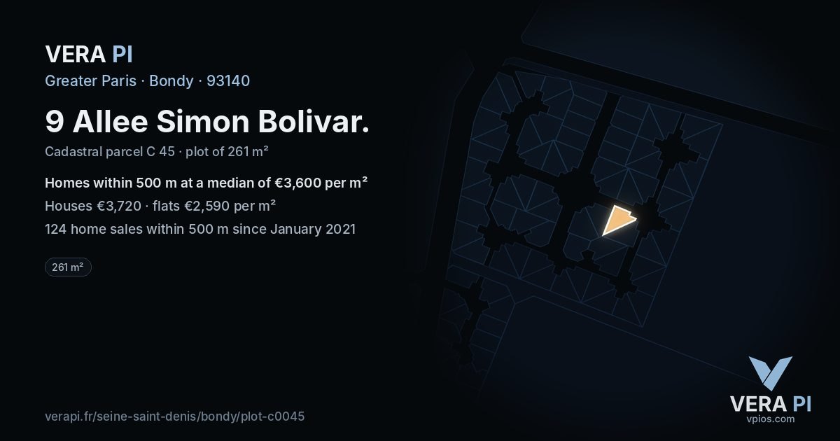 9 Allee Simon Bolivar, Bondy at night – the plot lit, the parcels around coloured by the prices near them