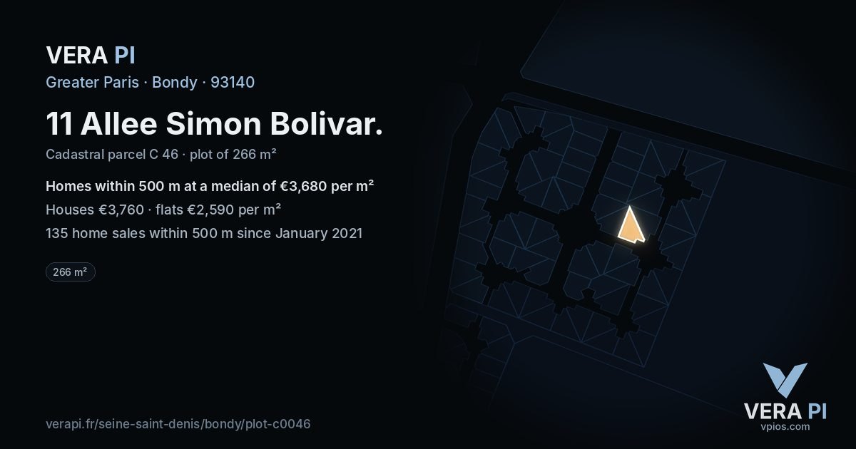 11 Allee Simon Bolivar, Bondy at night – the plot lit, the parcels around coloured by the prices near them