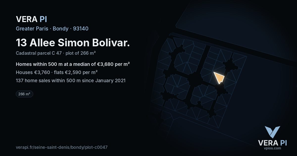 13 Allee Simon Bolivar, Bondy at night – the plot lit, the parcels around coloured by the prices near them