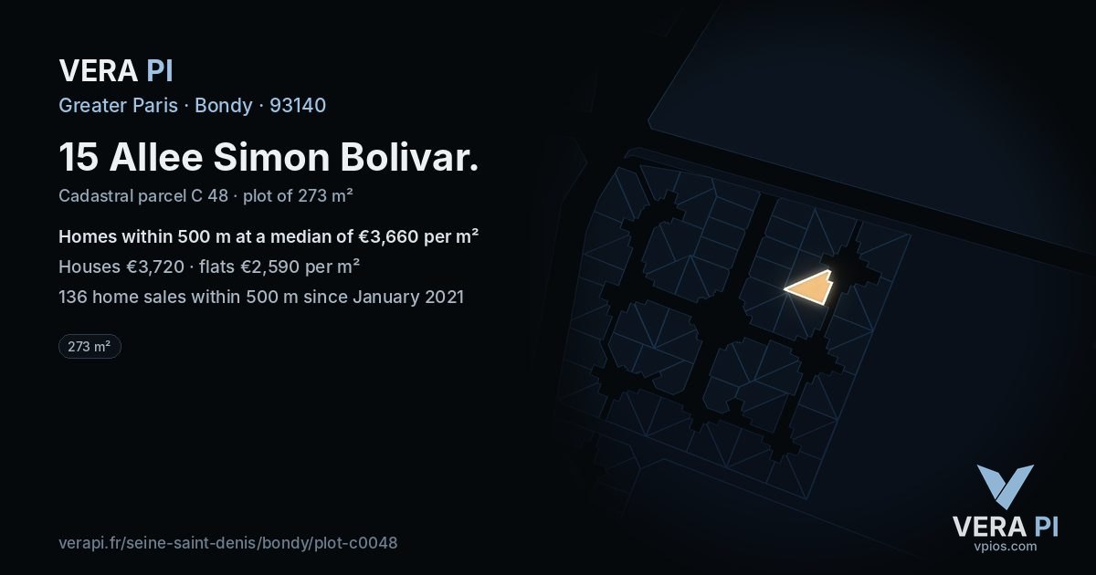 15 Allee Simon Bolivar, Bondy at night – the plot lit, the parcels around coloured by the prices near them