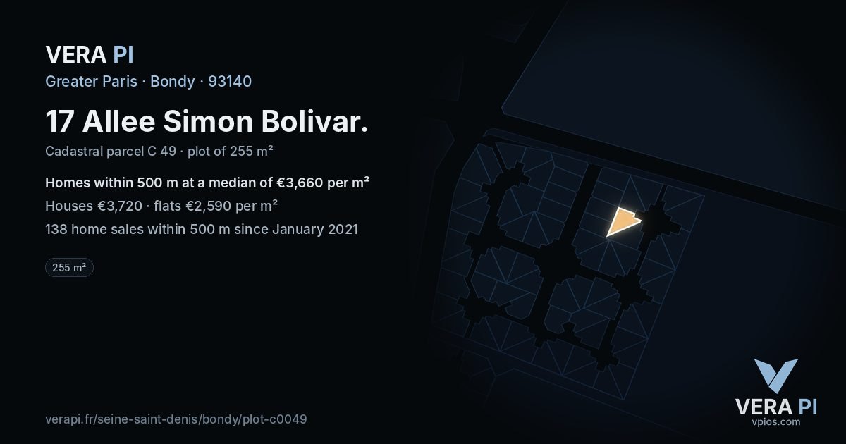 17 Allee Simon Bolivar, Bondy at night – the plot lit, the parcels around coloured by the prices near them