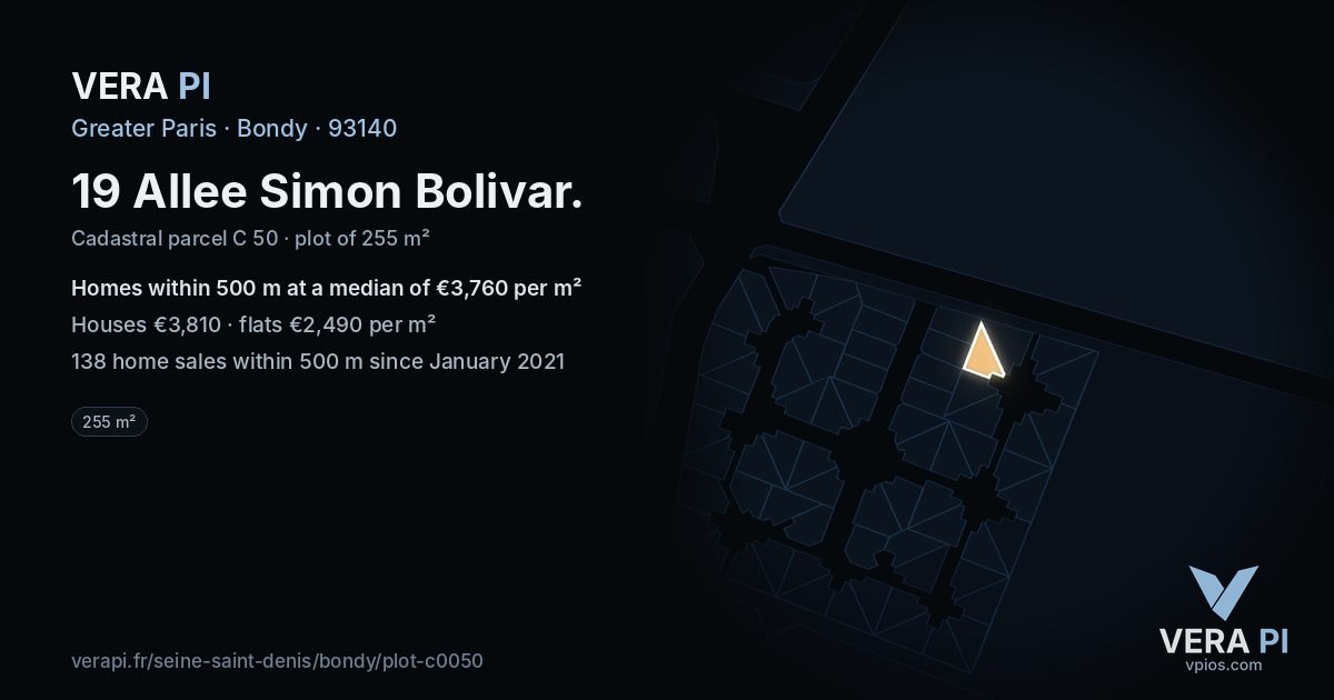 19 Allee Simon Bolivar, Bondy at night – the plot lit, the parcels around coloured by the prices near them