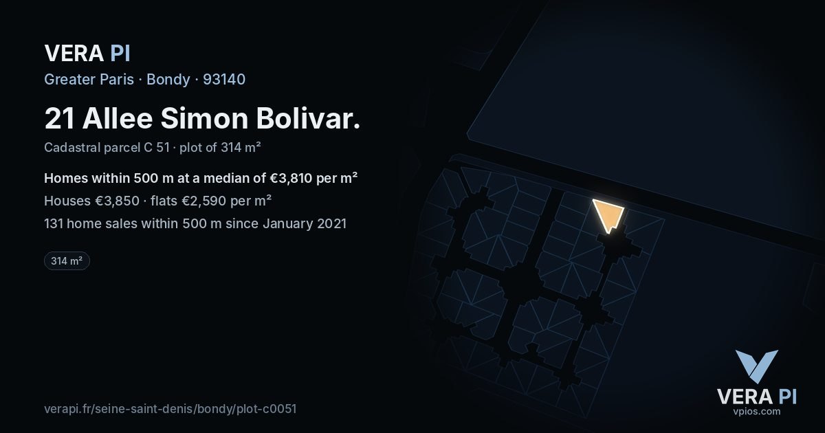 21 Allee Simon Bolivar, Bondy at night – the plot lit, the parcels around coloured by the prices near them