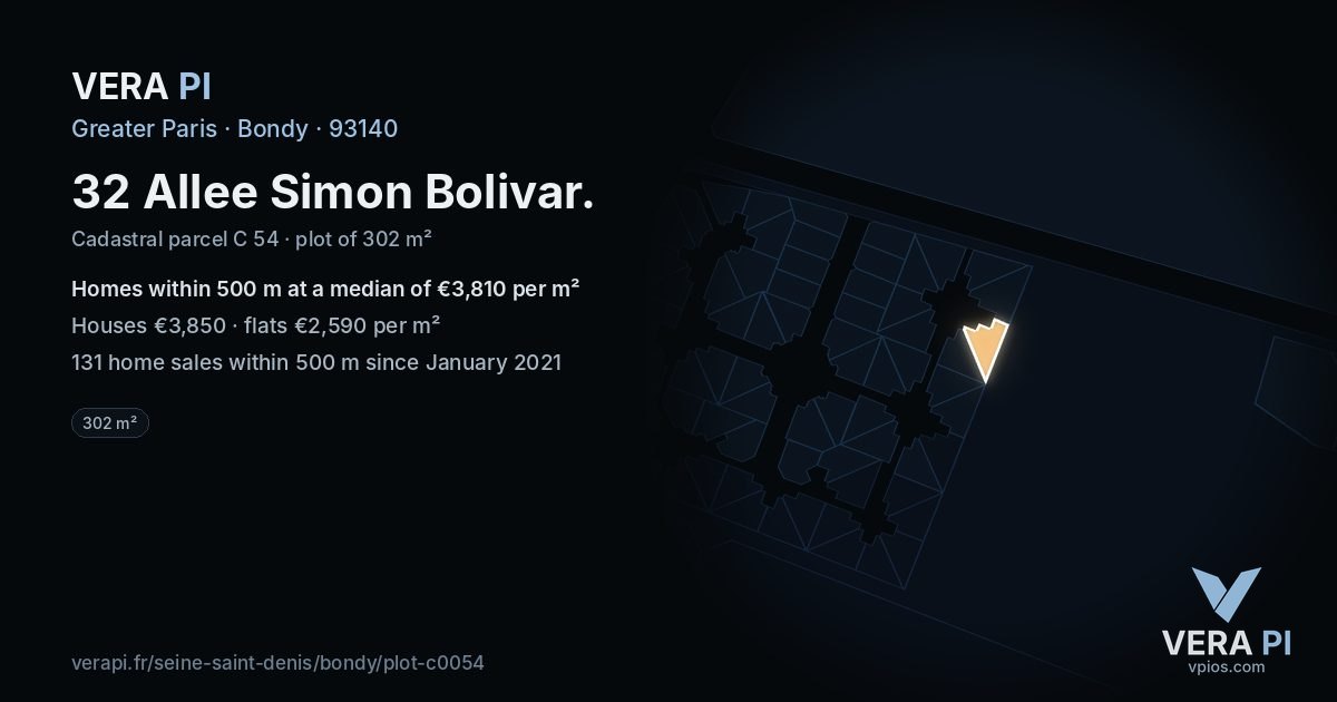 32 Allee Simon Bolivar, Bondy at night – the plot lit, the parcels around coloured by the prices near them