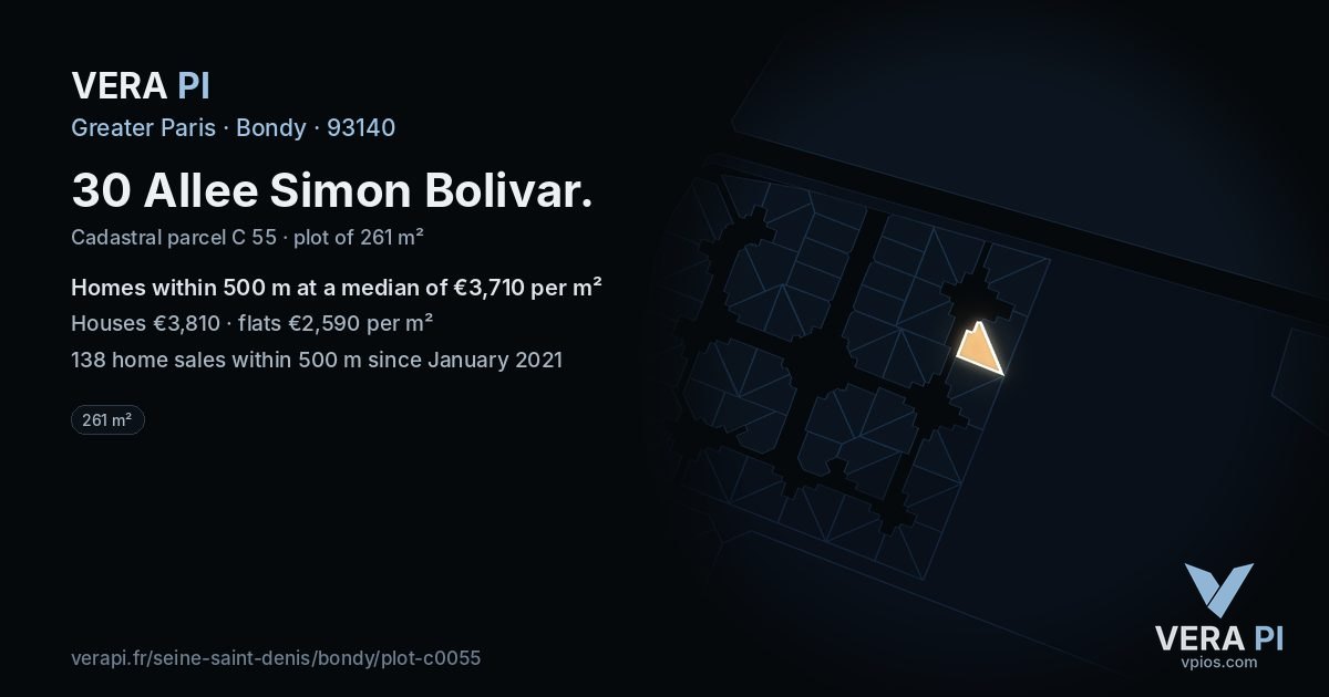 30 Allee Simon Bolivar, Bondy at night – the plot lit, the parcels around coloured by the prices near them