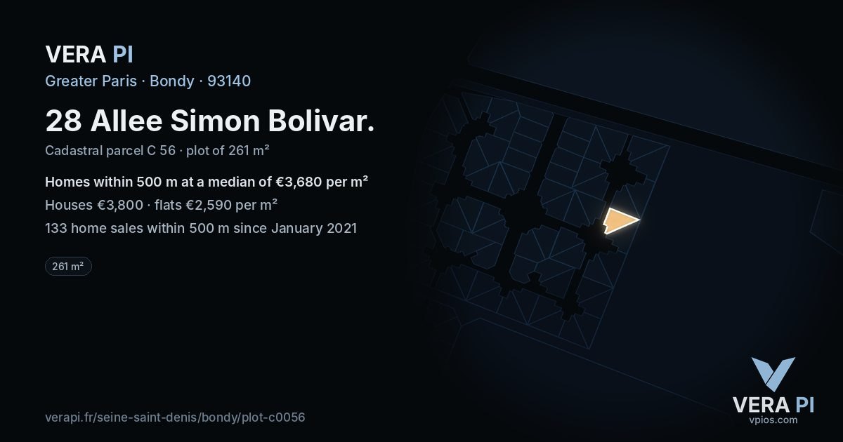 28 Allee Simon Bolivar, Bondy at night – the plot lit, the parcels around coloured by the prices near them
