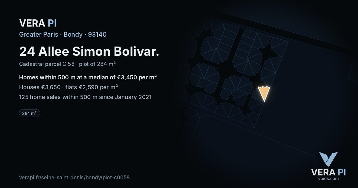 24 Allee Simon Bolivar, Bondy at night – the plot lit, the parcels around coloured by the prices near them
