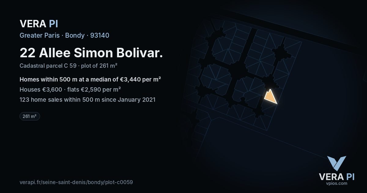 22 Allee Simon Bolivar, Bondy at night – the plot lit, the parcels around coloured by the prices near them