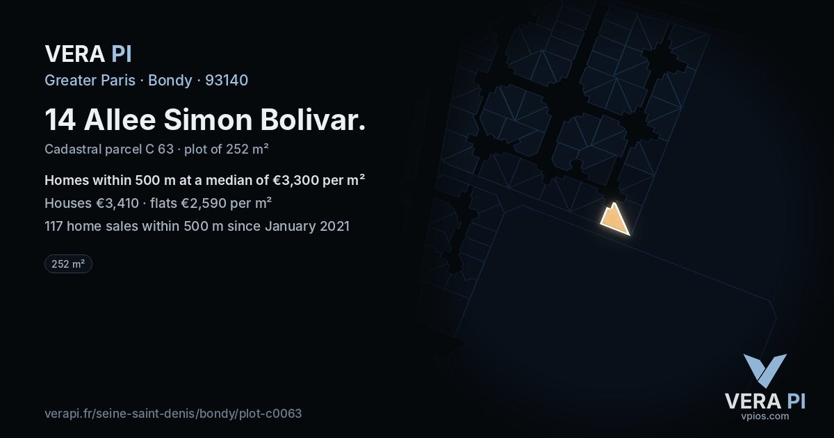 14 Allee Simon Bolivar, Bondy at night – the plot lit, the parcels around coloured by the prices near them