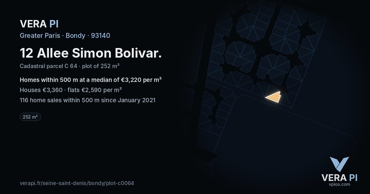 12 Allee Simon Bolivar, Bondy at night – the plot lit, the parcels around coloured by the prices near them
