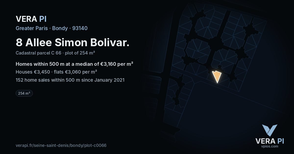 8 Allee Simon Bolivar, Bondy at night – the plot lit, the parcels around coloured by the prices near them