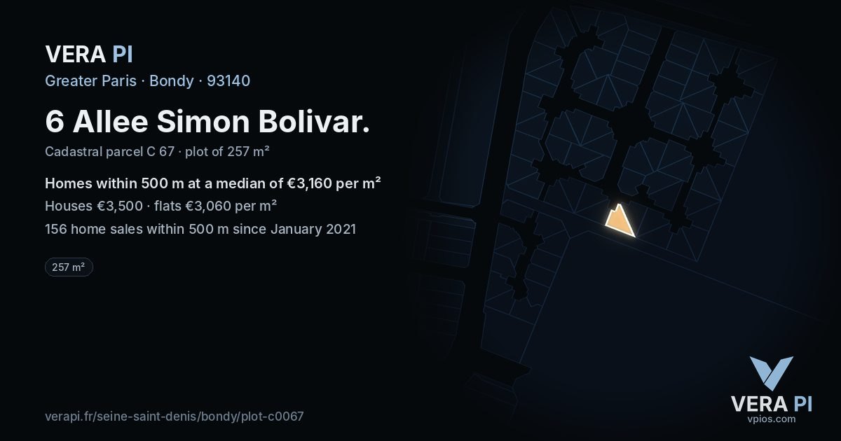 6 Allee Simon Bolivar, Bondy at night – the plot lit, the parcels around coloured by the prices near them