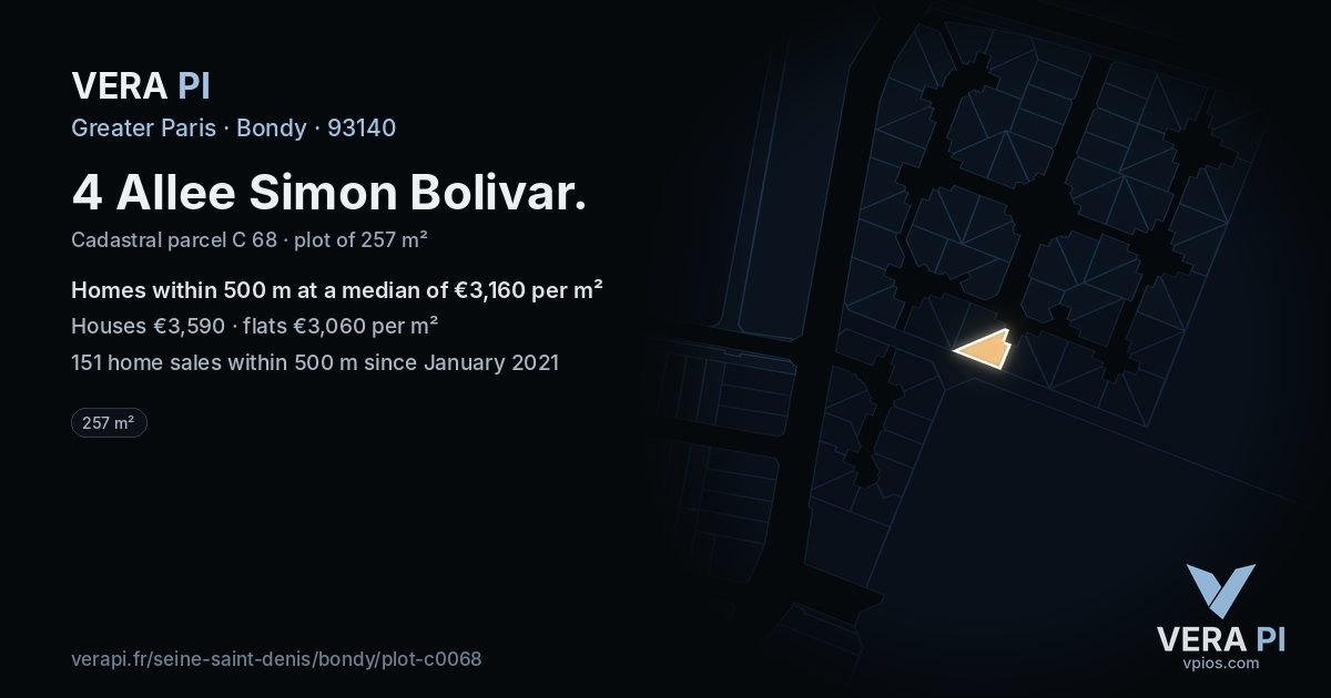 4 Allee Simon Bolivar, Bondy at night – the plot lit, the parcels around coloured by the prices near them