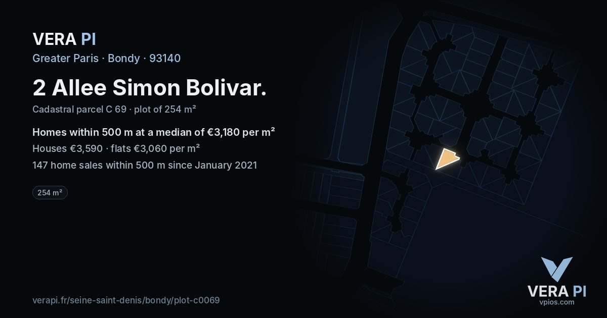 2 Allee Simon Bolivar, Bondy at night – the plot lit, the parcels around coloured by the prices near them